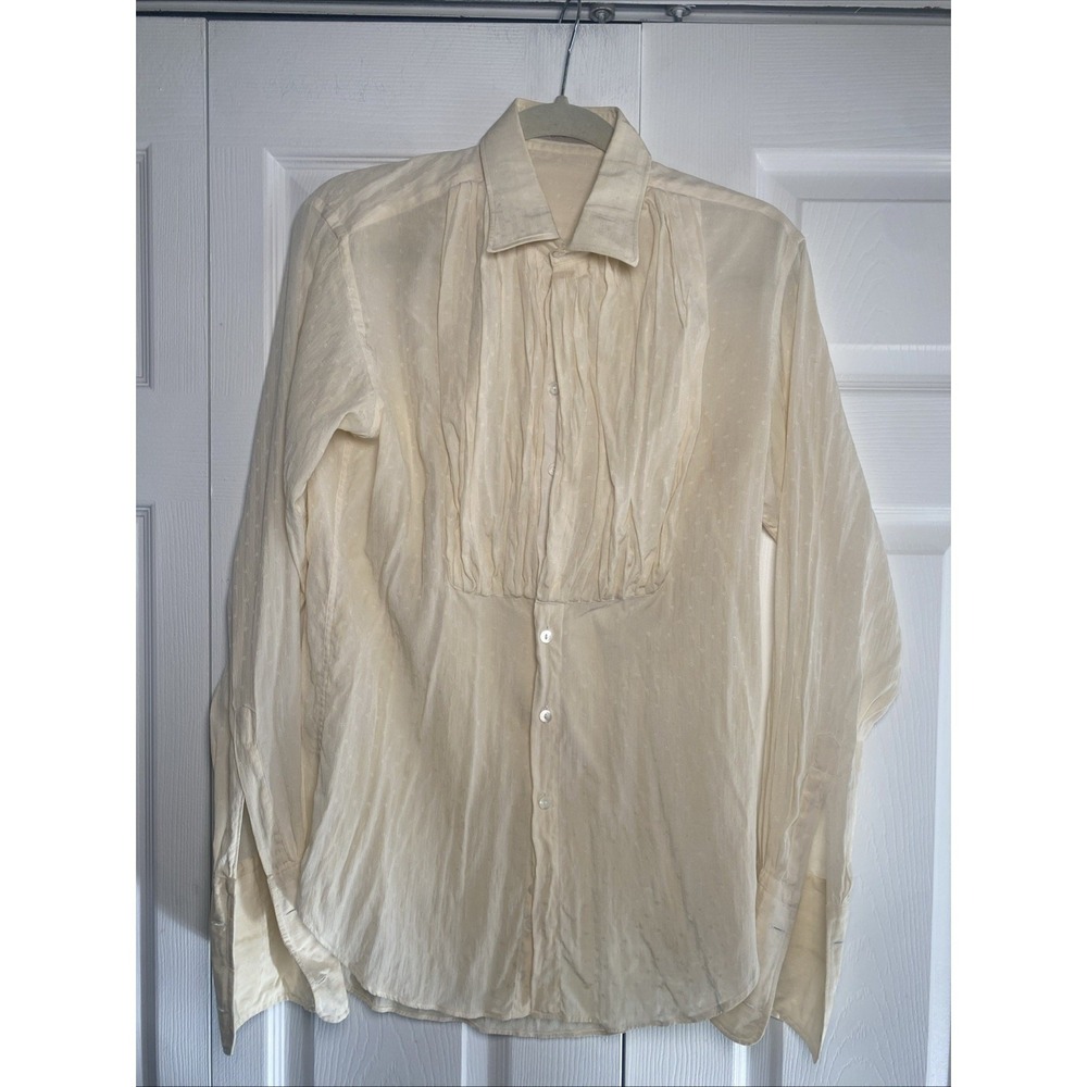 G Gucci Vintage Pleated Bib Silk Blouse Womens Size 39 Cream Jacquard Logo Italy - Picture 1 of 11
